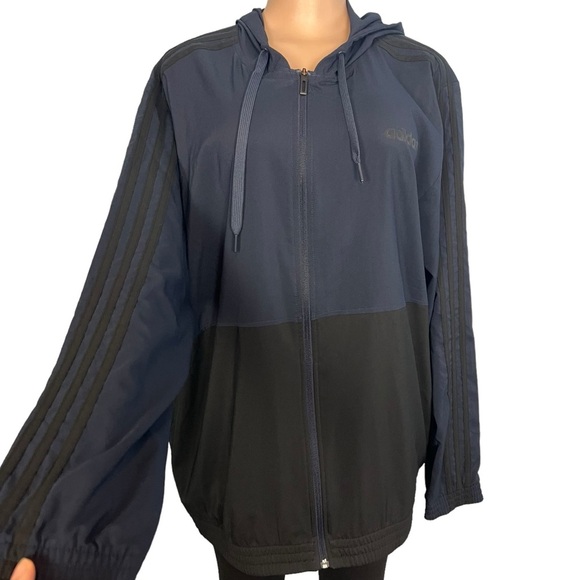 Adidas 3-Stripe Hooded Zip-Up Woven Jacket Navy Blue & Black - Picture 3 of 8